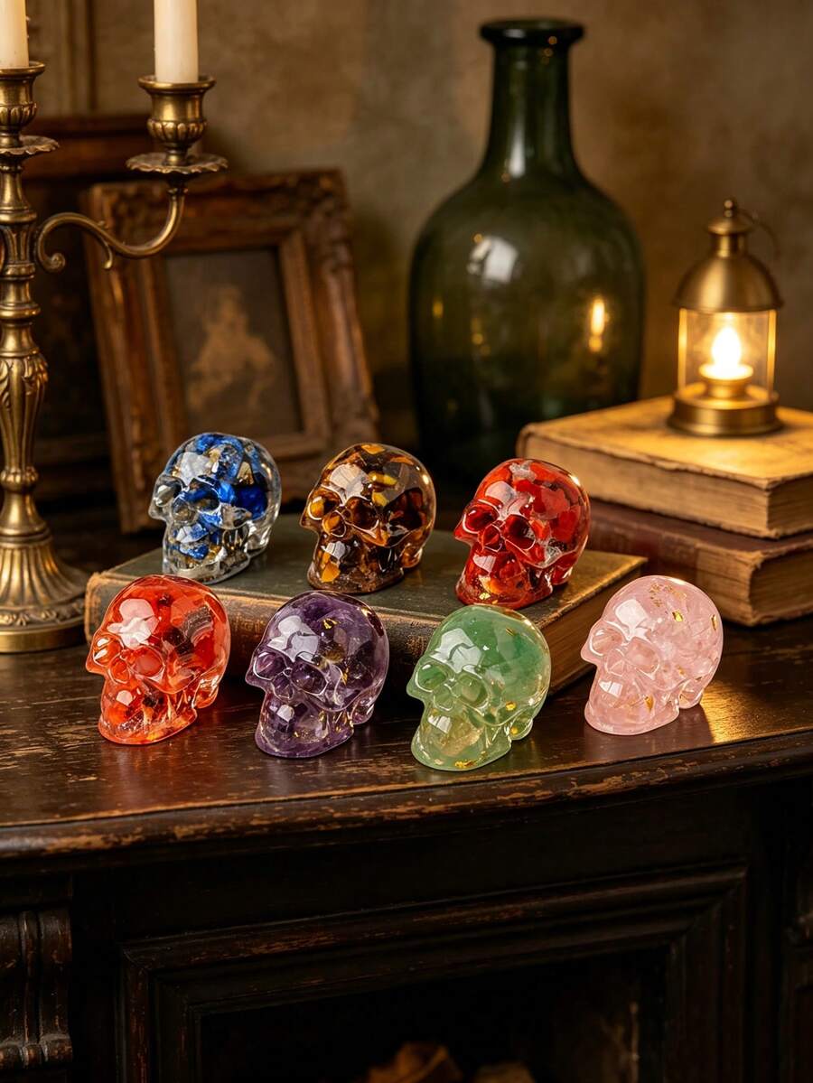 1 Peça Estátua de Caveira de Resina com Pedra Natural Cristal Esmagada, Decoração de Artesanato de Mesa Estilo Gótico de Halloween, Decoração de Casa e Quarto com Textura de Cristal, Adequado para Presentes de Aniversário, Formatura, Halloween, Ação de Graças, Natal para Mulheres e Amigas, Decoração de Casa, Decoração de Halloween - Vários estilos - Visão 1
