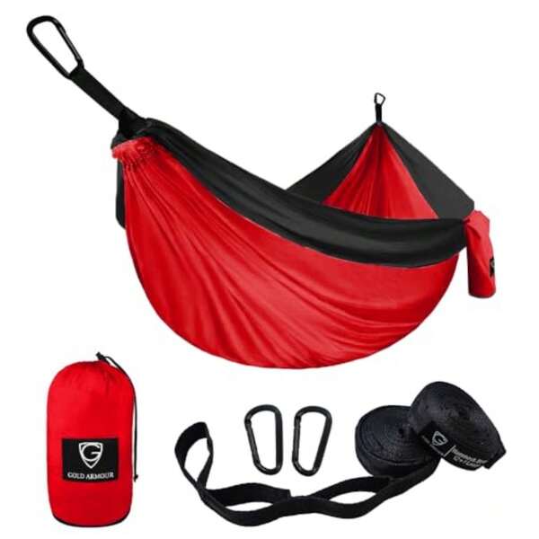 Gold Armour Hamaca de camping Hamaca doble XL portátil hamaca accesorios de camping equipo para interiores y exteriores con correas de árbol, marca con sede en Estados Unidos rojo y negro
