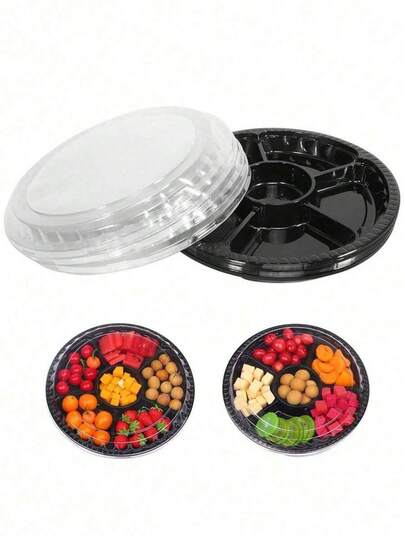 Paquete de 1/2/6 Bandejas Redondas de Plástico para Aperitivos con Tapas - Bandejas de Servicio Divididas de 10.4 Pulgadas, Recipientes de Almacenamiento de Alimentos, Cajas de Almacenamiento de Bandejas de Plástico, Dispensadores de Aperitivos, Bandejas de Frutas y Verduras, Adecuadas para Fiestas y Bufés, Fiestas de Halloween, Fiestas de Navidad