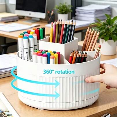 1pc 360° Rotating Desktop Organizer, Large Capacity 5-Compartment Pen Holder, Minimalist Desktop Storage Box, Suitable For Pens, Pencils, Rulers And Stationery, Office, School And Home Organization