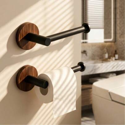 1/3 Packs Walnut Wood Base Toilet Paper Holder, Punch-Free Wall Mount Metal Tissue Roll Rack, Retro Wooden Grain Bathroom Paper Towel Storage Hanging Organizer