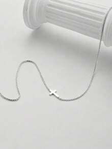 1pc Adjustable Silver Necklace With Cross Pendant, Elegant Design Suitable For Women's Daily Wear - Silver - View 2