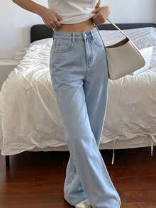 Women's Casual Loose Straight Leg Jeans With Button And Lace Pocket Details, Elegant Non-Stretch Long Straight Pants, Y2K Style - Light Wash - View 6