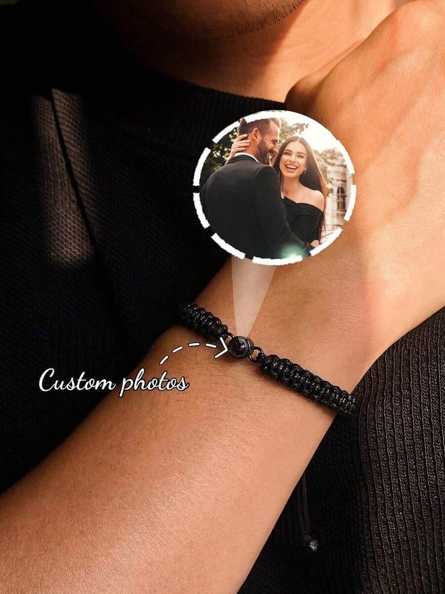 Custom Photo Projection Bracelet, Braided Rope Adjustable Handmade Couple Bracelet, Stainless Steel Memorial Round Picture Jewelry, Personalized Gift - Black Braided Rope - View 1