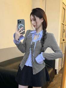 Korean Style Schoolgirl Striped Patchwork Versatile Slimming Ruffle Trim 2 In 1 Shirt Blouse - Picture Color - View 4
