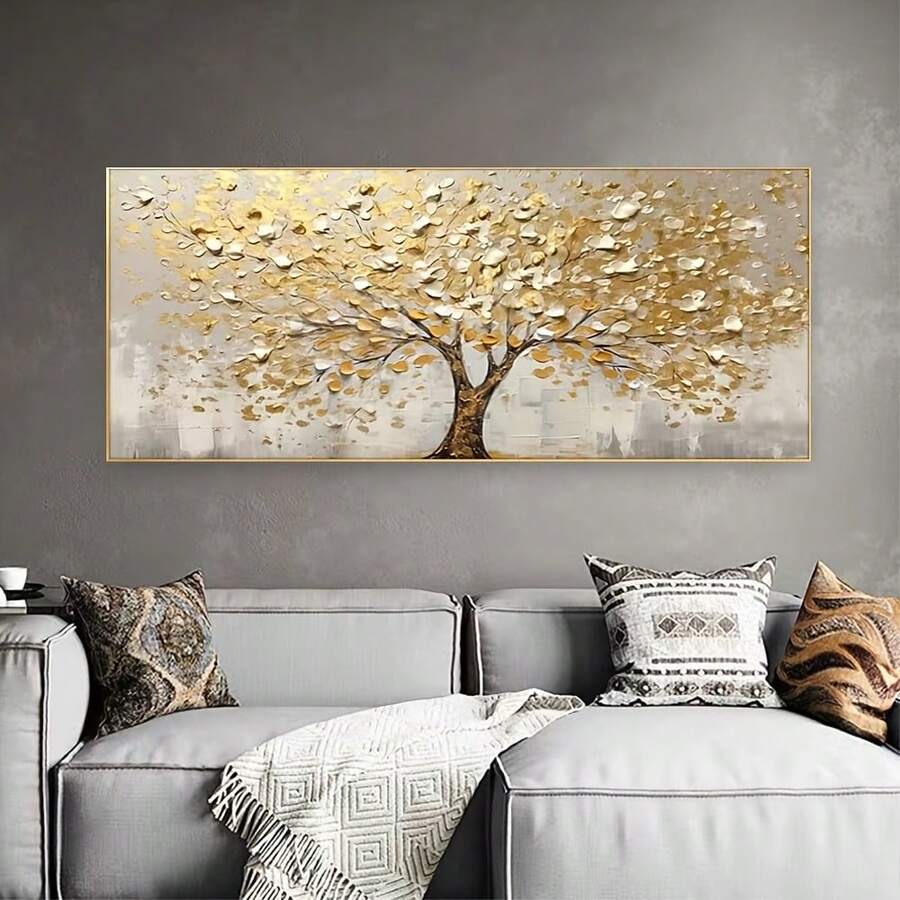 Affiche murale sur canevas sans cadre, arbre de richesse abstrait moderne avec feuille d'or, pour salon, chambre, salle à manger & entrée - 222 - Voir 1