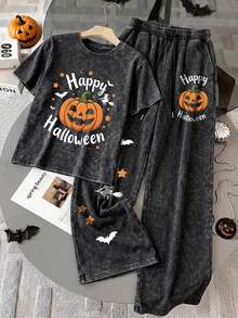 ZZG 女款棉質兩件套「Happy Halloween」南瓜圖案街頭休閒黑色水洗短袖T恤與抽繩運動長褲 - 黑色 - 查看 3