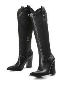 Vintage Red Women Western Boots Rivet Embroidery Chunky High Heel Knee High Cowgirl Cowboy Ridding Wedding Fashion Retro Shoes - 黑色 - 查看 2