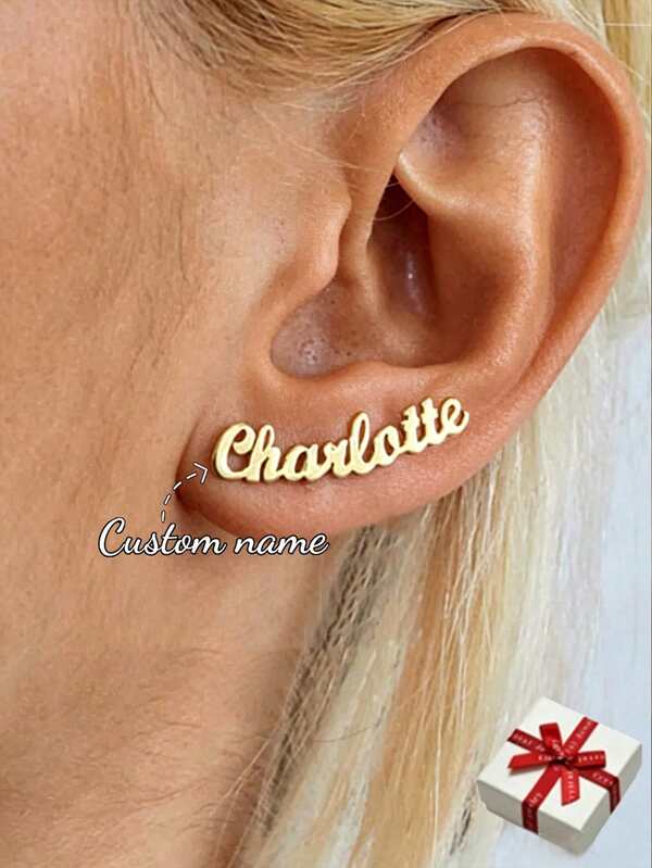 Custom Name Earrings Women Stainless Steel Gold Cursive Letters Arc Earrings Personalized Charm Birthday Jewelry Gift For Wife