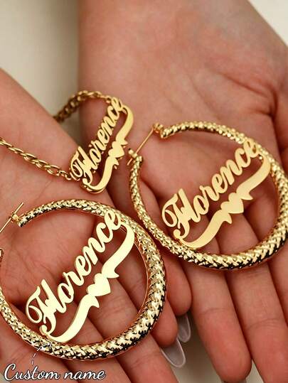 Women's Customized Bamboo Hoop Earrings, Classic Exaggerated Personalized Large Round Earrings Stainless Steel 5mm Thick Cuban Link Chain Necklace, Heart Pendant Couples Jewelry Set, Family Christmas Gift