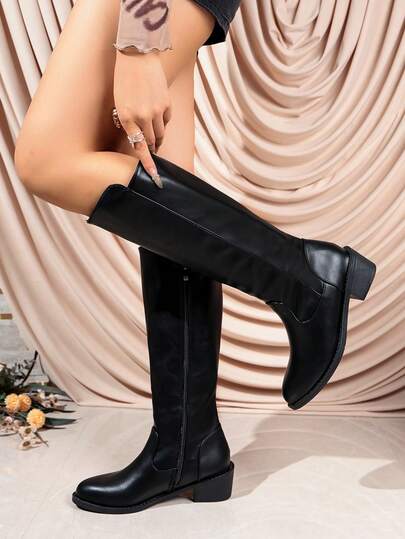 Women's Autumn/Winter Vintage High-Top Knee-High Boots, Zipper Thick Sole Slip-On Street Boots