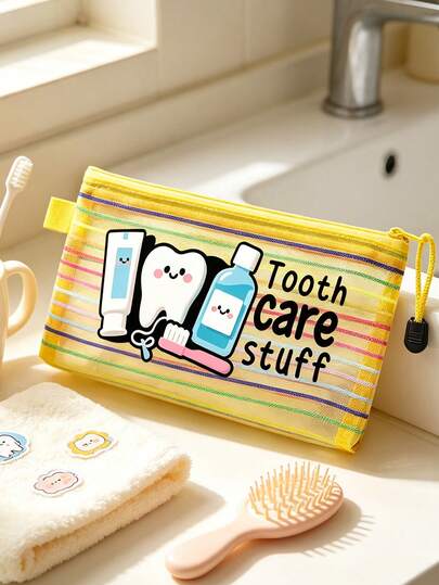 Tooth Pattern Makeup Bag, Colorful Striped Mesh Toiletry Bag, Zipper Storage Bag, Mesh Organizer Bag, Transparent Mesh Makeup Bag, Travel Toiletry Bag, Portable Stationery Bag, Toothbrush & Toothpaste Storage Bag, Multi-Functional Storage Pouch, Travel Storage Supplies, Suitable For Travel, Beach, Back To School, Office, Gift Giving And Daily Use, Unique Party Gift, Back To School Gift, Birthday Gift, Travel Gift
