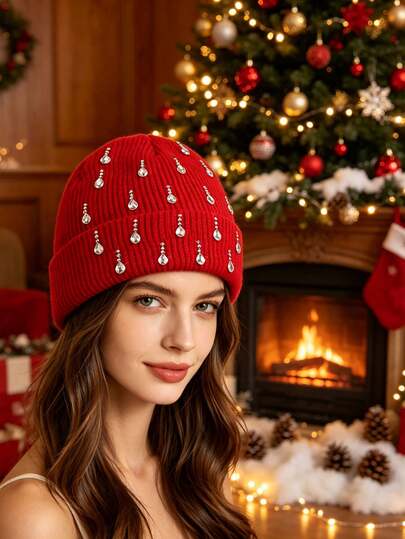 Women's Rhinestone Knit Beanie Double Layer Knitted Hat, Women's Loose Knit Hat, Winter Knit Hat, Soft Ski Hat, Multi-Color Neutral Suitable For Winter, Christmas, New Year Gift