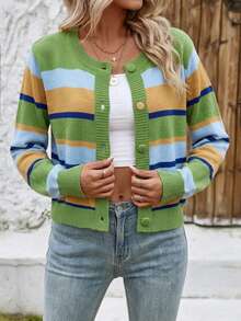 Cardigan Kancing Depan Bergaris Warna-warni Bergaya Prancis yang Elegan dan Intelektual untuk Wanita, Cocok untuk Pemakaian Sehari-hari, Kencan, dan Lainnya. - MultiWarna - View 5