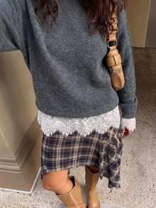 Sweater Kasual Wanita Kerah Renda dengan Warna Polos dan Benang Bercorak untuk Musim Gugur - Grey - View 5