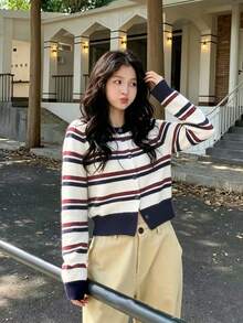 美式復古拼色條紋女款針織開襟毛衣外套，柔軟保暖秋冬外套 - 白色 - 查看 2