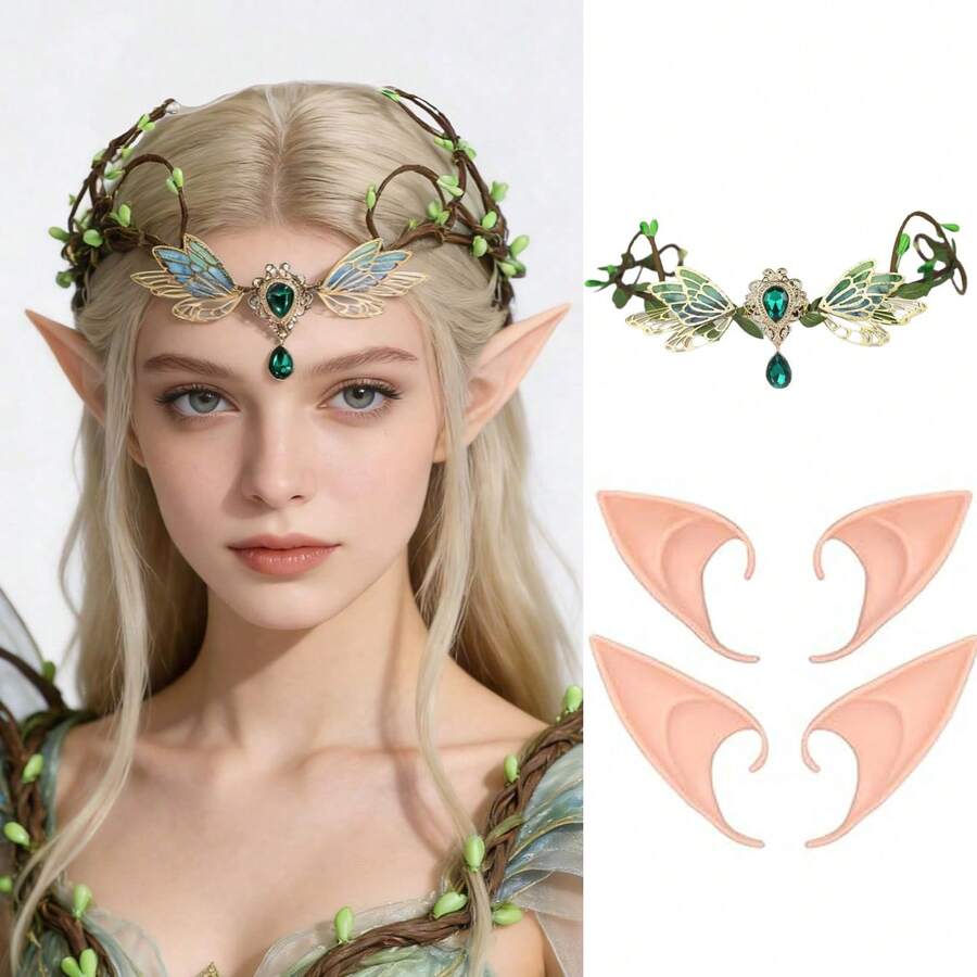 2件組 MOSTORY 精靈鹿角皇冠套組-手工森林仙女皇冠附精靈耳朵,文藝復興角色扮演萬聖節裝扮 - 彩色 - 查看 1