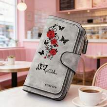 Rose & Butterfly Embroidered Women's Long Wallet Pink Faux Suede Clutch Purse With Wristlet Strap Zipper Card Holder Romantic Gift, Small Wallet - Multicolor - View 13