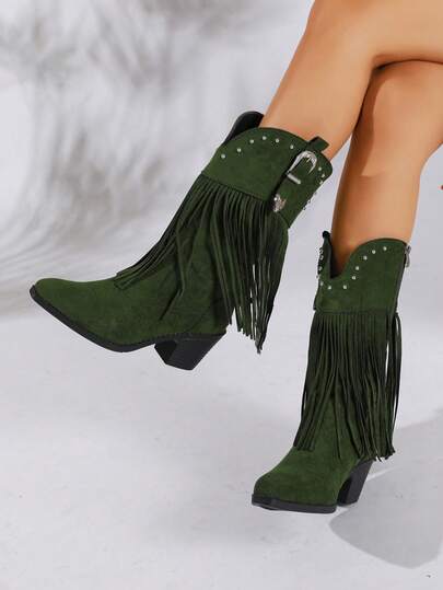 1 Pair Vintage Green Tassel Western Cowboy Boots For Women, Autumn/Winter New Suede Rivet Buckle Chunky Heel Slimming Mid-Calf Boots