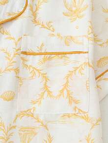 2pcs Women's Comfortable Coconut Tree & Boat Print Short Sleeve Collared Top And Bow Shorts Pajama Set, Spring/Summer - Yellow - View 6