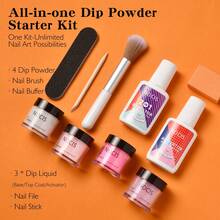 NOCIS Dip Powder Nail Kit - 4 Color Starter Set With Nude, Pink, Glitter & White, Plus Base, Top Coat & Activator Liquid, Nail Buffer, Brush & File - Acrylic Dipping System For DIY Manicure, Unscented, No Power Needed. - Multicolor - View 2