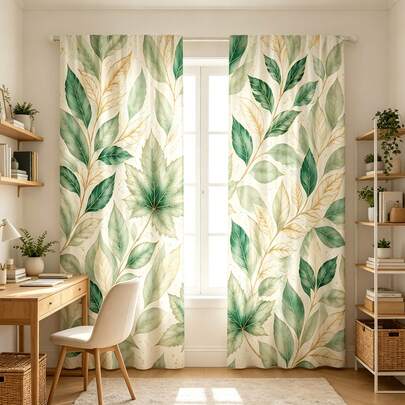 2PCS Fresh Watercolor Green Gold Maple Leaf Printed Sheer Curtains, 90GSM Polyester, Privacy Protection, Easy Install, Washable & Fade Resistant, Decorative Divider For Home Bedroom Kitchen.