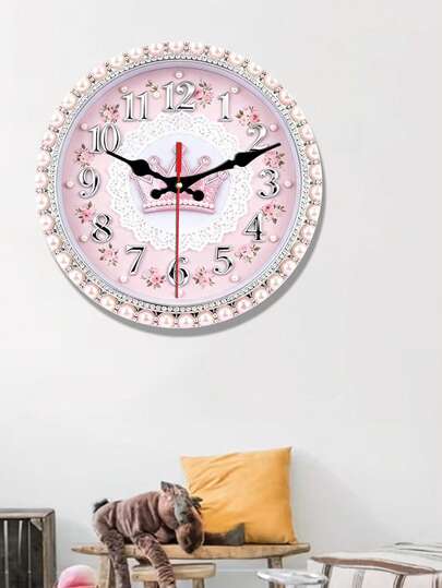 2D Flat. 1pc. Pink Crown Pearl Lace Wooden Wall Clock, Silent Round Swiss Quartz Wall Clock, Design/Pattern, Suitable For Decoration In Bedrooms, Living Rooms, And Offices - 10/12 Inches (Excluding AA Batteries) Christmas Decoration