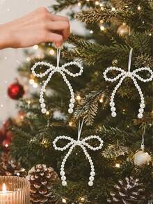 12/6/1pc Elegant Faux Pearl Bow Christmas Tree Hanging Ornament Pendant, Holiday Party Home Decor, Holiday Season Accessory, White Pearl Bow Pendant, Winter Theme Decoration, Room Accent Ornament - Multicolor - View 5