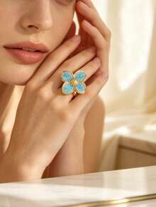 1 buah Cincin Tunggal Wanita Elegan Bergaya Stainless Steel dengan Motif Daun Semanggi, Cocok untuk Kencan/Liburan - Yellow Gold - View 7