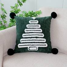 1pc Christmas Pom Pom Pillow Case, Red & Green Christmas Tree Embroidered Pattern Decorative Cushion Cover, Winter Holiday Home Sofa Soft Decor, Pillow Insert Not Included - Green - View 4