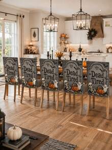 1pc/4pcs/6pcs Gray Halloween Chair Back Cover, Cute Gothic Polyester Dining Chair Slipcover With Dead Tired Tombstone Skeleton Ghost Pumpkin Candy Bat Spider Web Printed Protector For Kitchen, Dining Room, Party, Haunted House And Autumn Home Decor - B - View 3