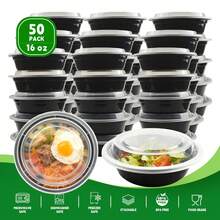 EasyPack Now Meal Prep Take Out Bowl With Lids 50 Pack, 16oz Round Food Storage Containers, Thickened Premium Plastic, Stackable, Microwave/Freezer/Dishwasher Use - Black - View 11
