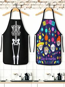 4Pcs/1pcDay Of The Dead Print Apron, Sugar Skull Skeleton Pattern Kitchen Apron For Cooking Baking Halloween PartySkeleton Apron For Halloween, White Human Skeleton Bones Print Black Kitchen Apron - Multicolor - View 4