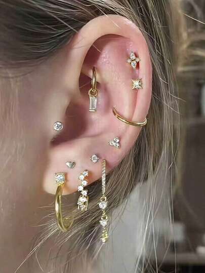 12pcs Exquisite Artificial Zirconia Inlaid Earrings Set, Multiple Piercing Earrings, Suitable For Women's Daily Wear, Dates, Parties, Layering And Matching