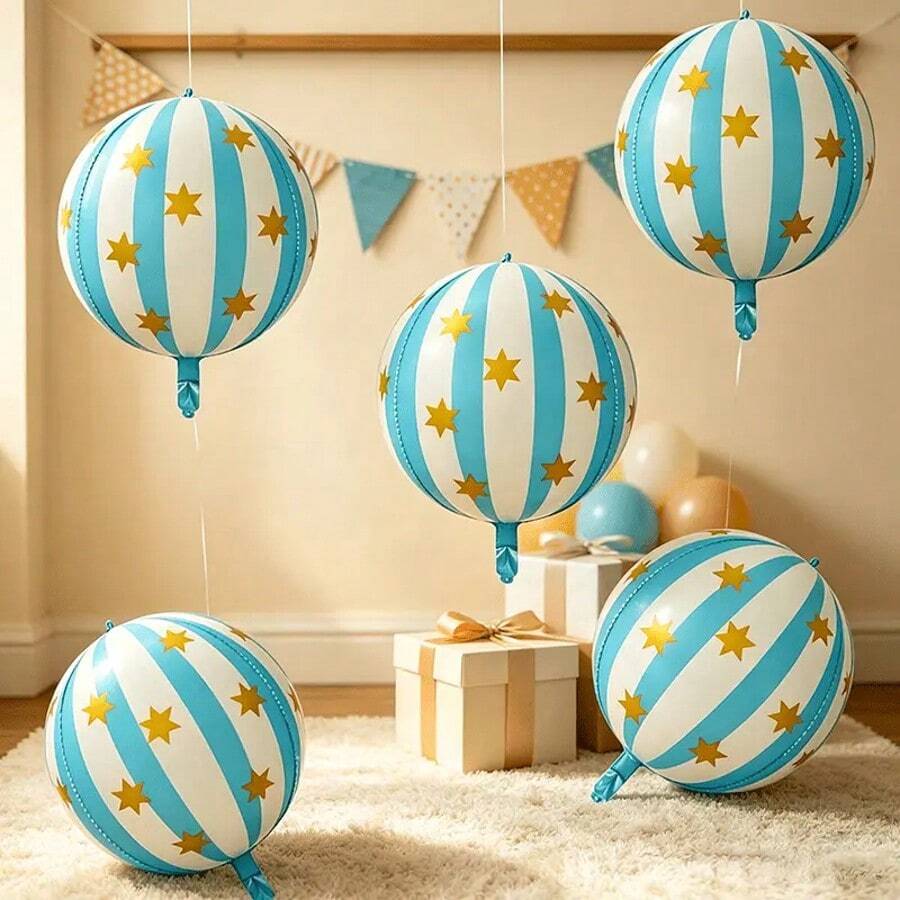 3pcs 22 Inch Blue & White Striped Star Foil Balloons, Suitable For Birthday Party, Christmas Party Decoration Balloons (Includes Ribbon) - View 1