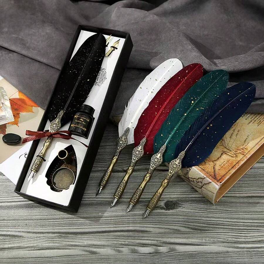 1 Set Feather Pen Set, Shiny Feather Pen Set, Vintage Calligraphy Ink Pen (Includes Ink), 2 Replacement Nibs, Pen Holder, Luxury Vintage Signature Pen, Easter, Halloween And Christmas Letter Writing Pen, Back To School Essential Souvenir, High-End Packaging Gift - Sets - View 1