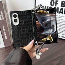 PU Leather Crocodile Pattern Phone Case With Hinge Protection, Comes With A Matching Wrist Strap, Hard PC Backplate Protective Phone Cover, Compatible With Samsung Galaxy Z Fold 8 - Black - View 4