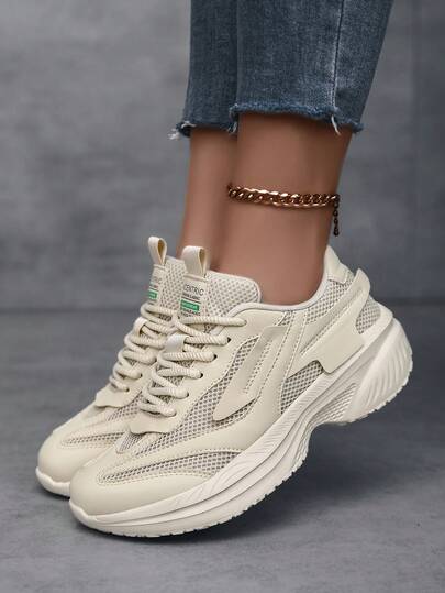 Women's Wide Toe Box Road Running Shoes, Low-Top Lace-Up Solid Color Breathable Mesh Thick Sole Chunky Sneakers, Wide Fit Youth Outdoor Casual Sports Shoes, All-Season Walking Shoes, Street Style Daily Commute Outdoor Jogging Travel Shoes