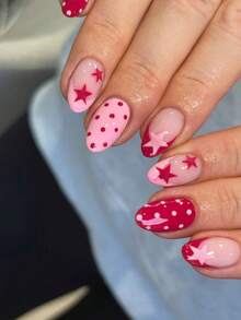 30pcs Short Almond Shape Simple Polka Dot Fake Nails Short Oval Nail Tips Manicure Set, Includes 1pc Double-Sided Adhesive And 1pc Nail File, Suitable For Daily Wear, Summer Nails - Multicolor - View 1