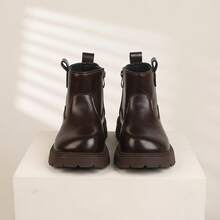 1 Pair 2026 New Children's Minimalist Solid Color Ankle Boots, Side Zipper Thick Sole Design, Retro Versatile Style, Suitable For Daily Wear And School Outfits - Brown - View 2
