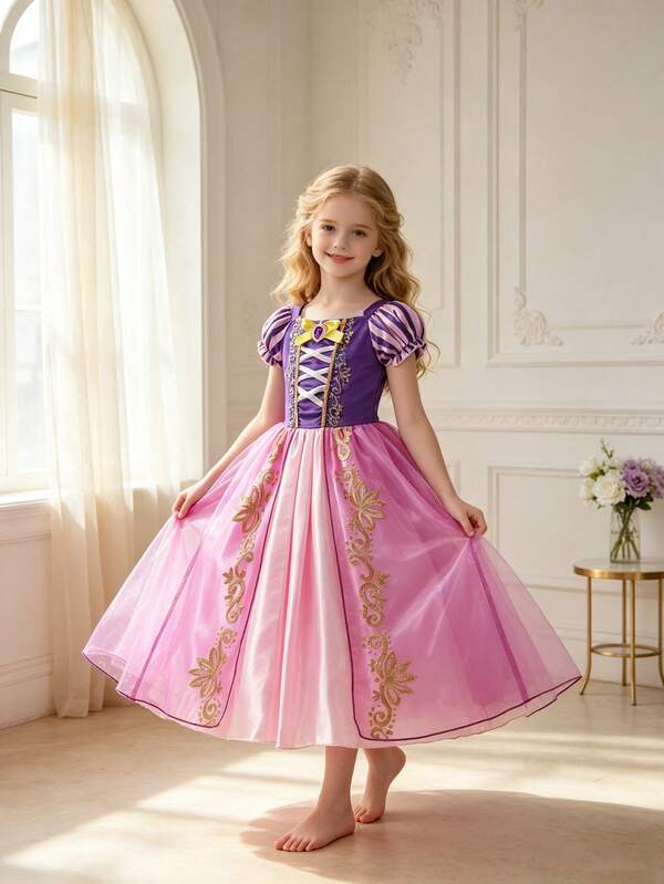 Young Girls Puff Sleeve Off-Shoulder Gold Foil Print Square Neck Purple Party Dress, Gold Foil Print Dress, Dress With Brooch, Suitable For Outings, Gatherings, Stage Performances And Other Major Events
