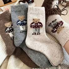 1/5 Pairs Women's Cute Cartoon Mid-Calf Socks, Teddy Bear Pattern Design, Long Socks, Suitable For Daily Wear, Gift For Girlfriend, Autumn/Winter Season, Christmas Gift - Multicolor - View 2