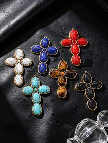 1 Pc 304 Stainless Steel 18K Gold Plated Natural Stone Cross Charm Multi Color Boho Cross Pendant DIY Necklace Jewelry Making Supplies - Cross - View 3