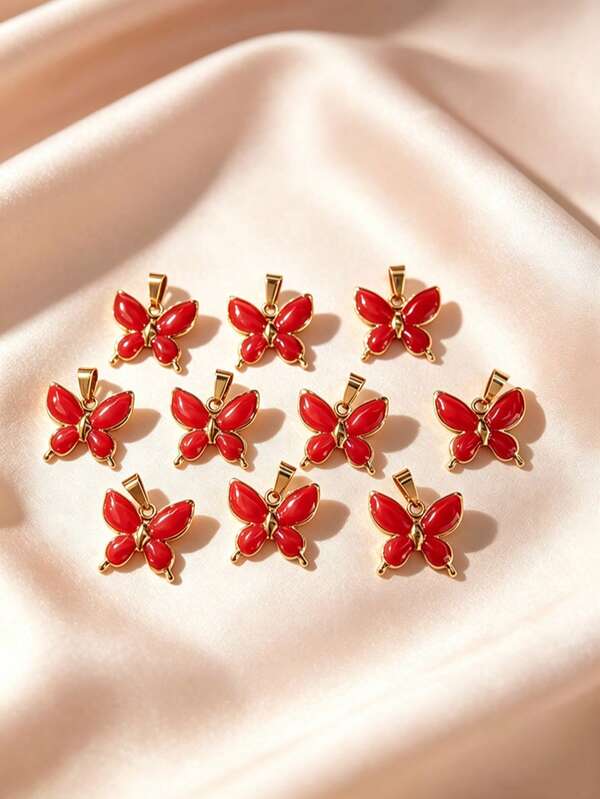 10pcs Sins Sweet & Spicy Vibrant Red Butterfly DIY Stainless Steel Pendant, Butterfly Charm For Layering And Switching Necklace Styles, Best Friend Outings, Beach Vacation, Wedding Bridesmaid, Short Trip, Qixi Festival Anniversary Gift
