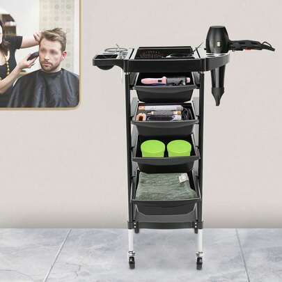 6 Tiers Black Mobile Salon Trolley With 4 Drawers, 6-Level Floor Standing Hairdressing Cart With 30-50kg Load-Bearing Capacity, Rectangle Spa Storage System For Hairstylists, Spas/ Wellness Centers