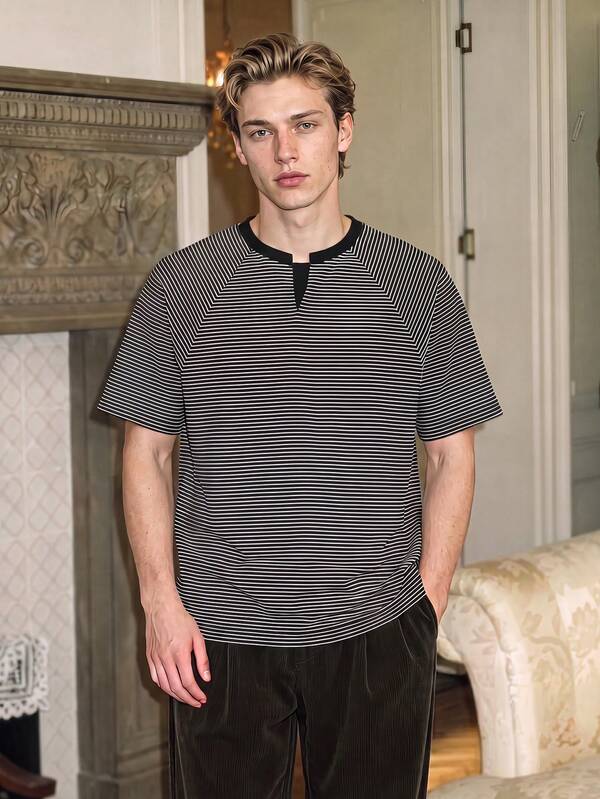 Men Striped Henley Neck Short Sleeve T-Shirt, Old Money Notch Collar Tee, Casual Holiday Daily Outfit For Back To School