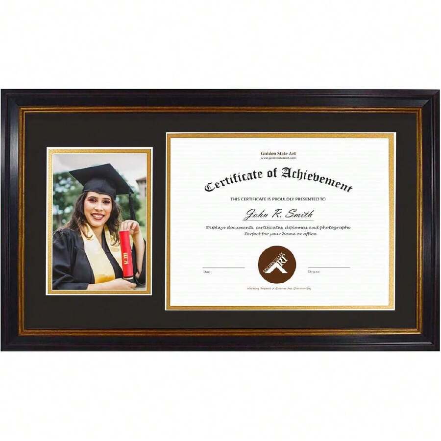 , 11x19.5 Diploma Frame For 8.5x11 Document/Certificate And 5x7 Picture - 2 Openings - Black With Gold Trim And Burgundy Accents - Black Over Gold Double Mat - Real Glass - Wall Mount,45800049 - A - View 1