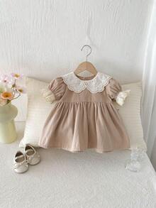 Miniweenns 1pc Baby Girl Academy Style Hollow Peter Pan Collar Puff Short Sleeve Loose Fit Dress - Khaki - View 5