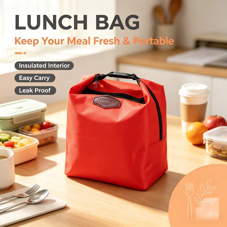 Red Waterproof Large Capacity Portable Lunch Bag, Office Student Lunch Box Bag, Portable Picnic Storage Bag, Kitchen Gadget, Simple Fashion Multi-Functional Insulated Bag - Multicolor - View 1