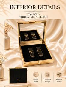 Tom Ford TF Black Vertical Stripe Gold-Trimmed Lipstick Pouch, 10.5*10.5cm, With Wrist Strap And Built-In Storage Slot, Perfect For Carrying Lipstick Or As A Delicate Gift - Black - View 8